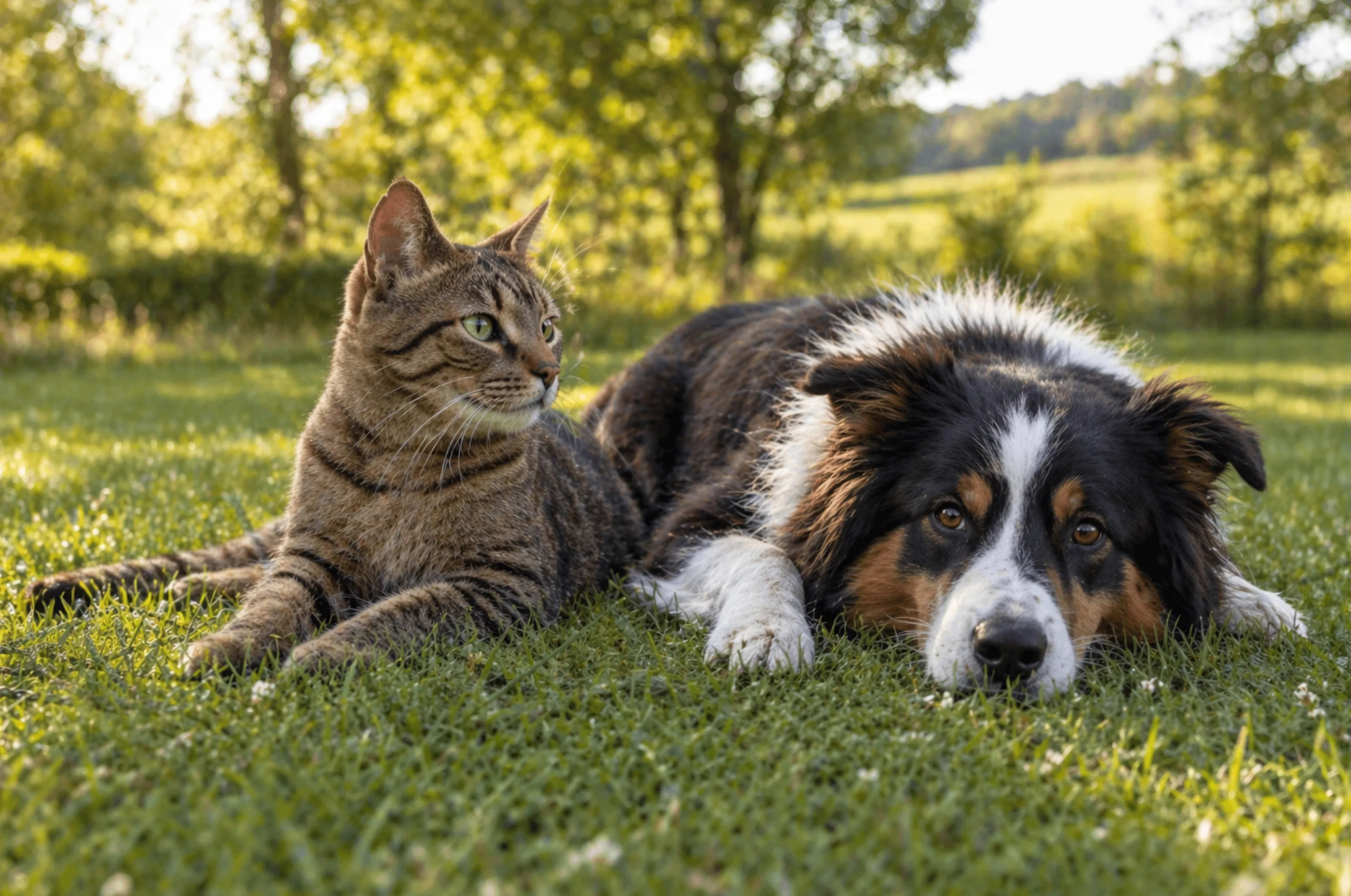 A ginger cat sitting beside a happy brown and white dog outdoors